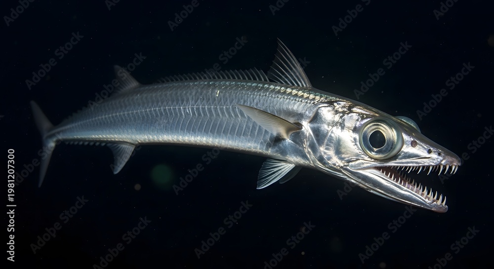 Fototapeta premium Silver barracuda swims in dark ocean depths with sharp teeth visible