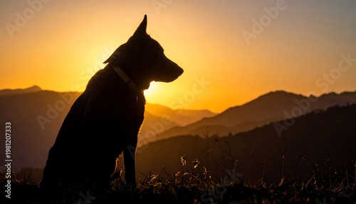 Silhouetted dog sits peacefully atop a grassy hill with a breathtaking sunset and mountain range