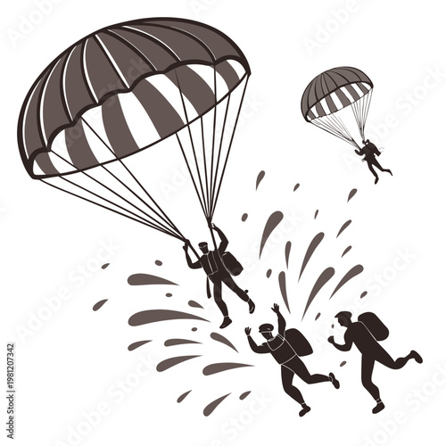 A black and white illustration depicts three skydivers descending with parachutes one mid air and others landing high quality professional detailed modern