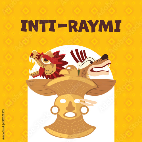Inti Raymi festival vector illustration, ancient Inca sun god mask and mythical creatures, traditional Peruvian cultural celebration poster