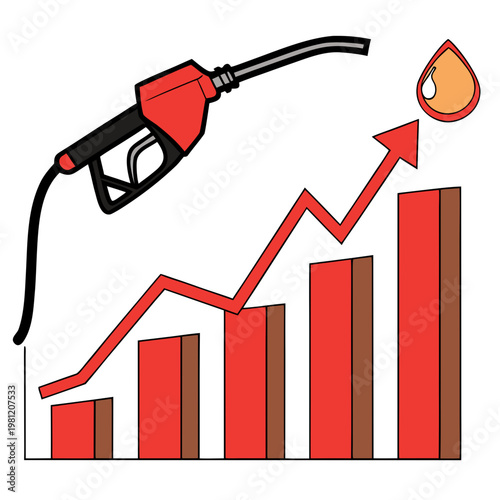 This graphic depicts a red gas pump nozzle alongside a rising red arrow and bar graph illustrating increasing fuel costs high quality