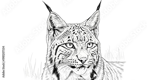 Detailed black and white illustration of a lynx with focused gaze and textured fur