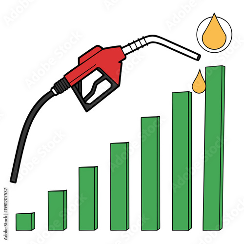 An illustration depicts a red gas pump nozzle positioned above a rising bar graph symbolizing increasing fuel prices high quality professional detailed
