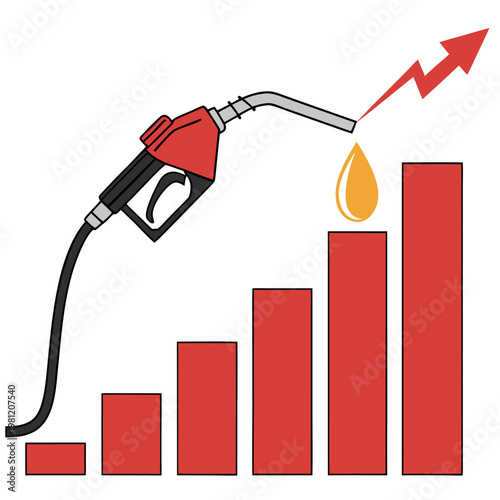 A red gas pump nozzle dispenses fuel onto a rising bar graph visually representing increasing fuel prices and economic impact high quality