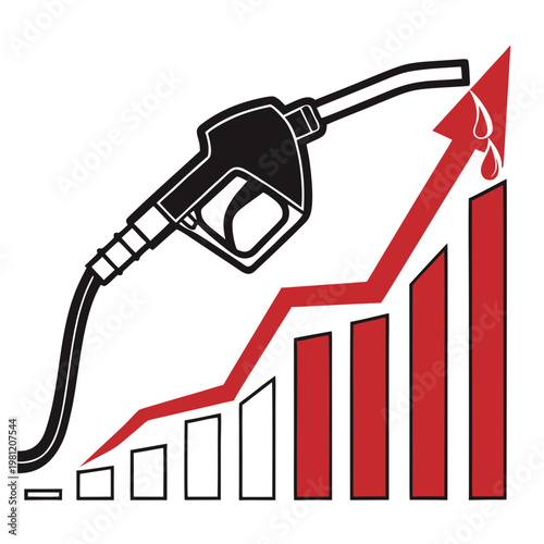 A stylized illustration depicts a fuel pump nozzle alongside a rising bar graph symbolizing increasing fuel costs and energy prices high quality