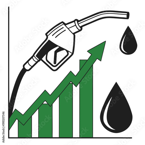 A graphic illustration depicts a gas pump nozzle positioned above a rising green chart symbolizing increasing fuel prices high quality professional detailed