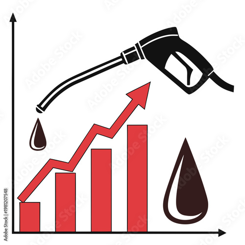 A stylized illustration depicts a gas pump nozzle over a rising bar graph symbolizing increasing fuel prices and energy costs high quality