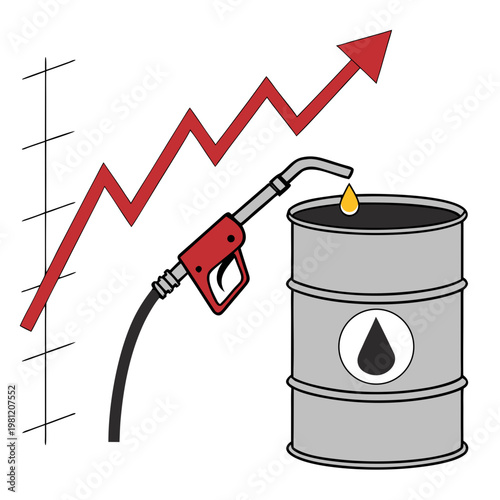 A graphic illustration depicts rising oil prices symbolized by a red arrow ascending alongside a fuel pump and oil barrel high quality