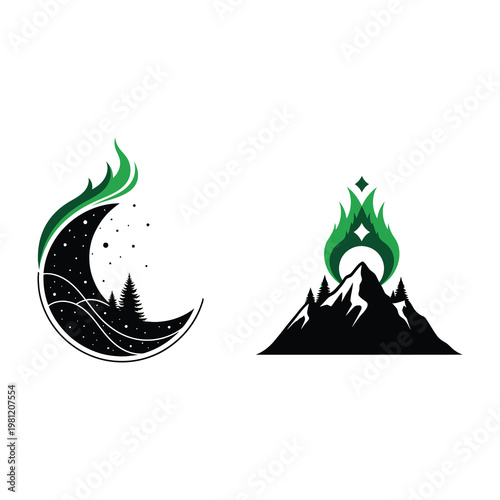 Minimalist Mountain and Moon Logo Icons with Green Aurora Borealis Elements for Outdoor Branding
