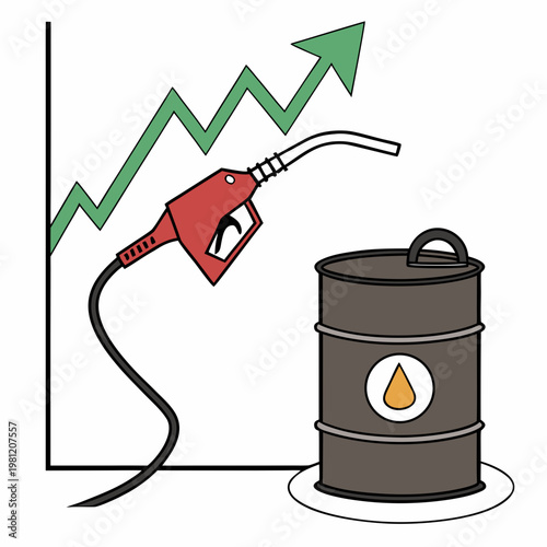 A visual representation depicts a rising graph overlaid with a gas pump fueling a barrel of oil symbolizing increasing fuel costs