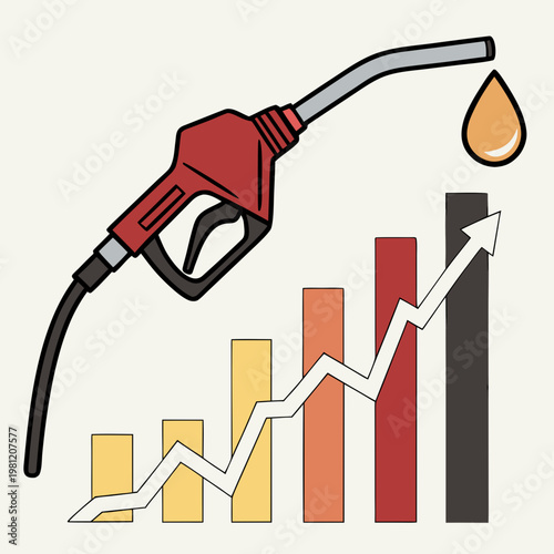A stylized illustration depicts a fuel pump nozzle alongside a rising graph symbolizing increasing gas prices and energy costs high quality professional