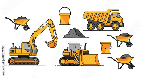 Collection of construction vehicles and tools for building and development projects.
