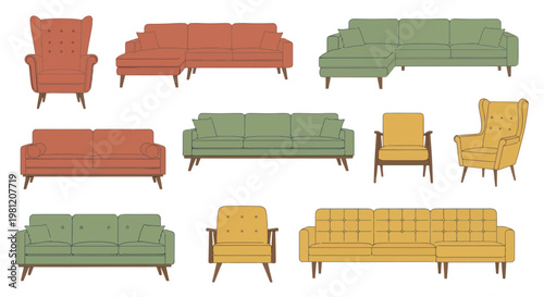 Collection of Modern Mid-Century Style Furniture Illustrations on White Background
