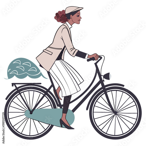 A fashionable woman with red hair rides a vintage bicycle along a blue wave showcasing a classic and whimsical style high quality