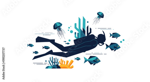 Diver exploring a vibrant coral reef with abundant marine life.