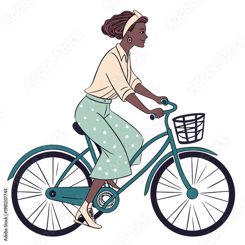 A stylish young woman with dark hair rides a teal bicycle wearing a headscarf and polka dot skirt high quality professional detailed