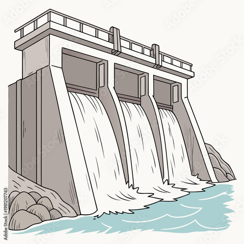 A detailed cartoon illustration showcases a concrete dam with flowing water highlighting its structural elements and powerful force high quality professional modern