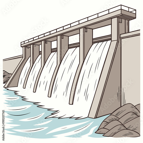 An illustrated depiction showcases a concrete dam with multiple gates open releasing a substantial flow of water into a riverbed high quality
