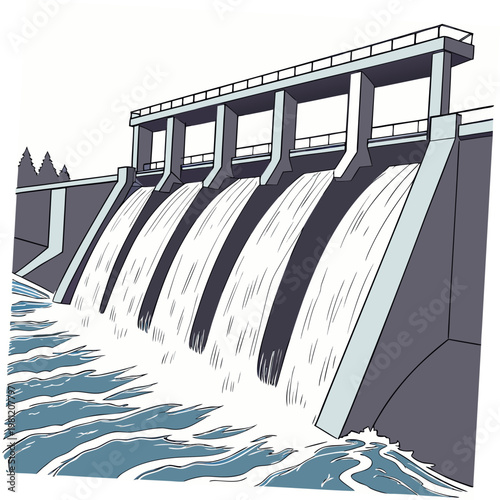 A detailed illustration depicts a concrete dam with water cascading over its spillways set against a backdrop of distant mountains high quality