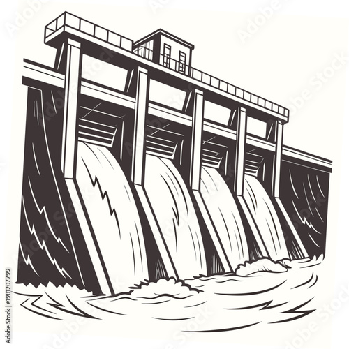 A detailed black and white illustration depicts a large concrete dam with cascading water flowing over its spillways showcasing engineering high quality