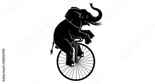 Silhouette of an elephant riding a unicycle isolated on white background
