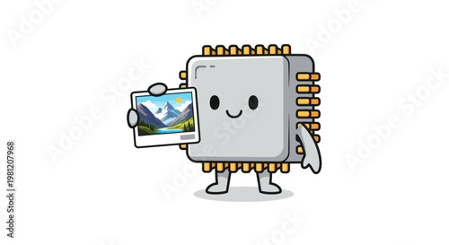 Cute cartoon CPU character holding a digital landscape photo