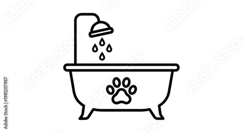 Pet grooming bathtub icon with shower and paw print symbol