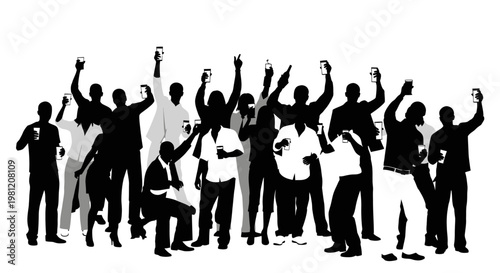Silhouettes of a diverse group of people celebrating at a lively social gathering.