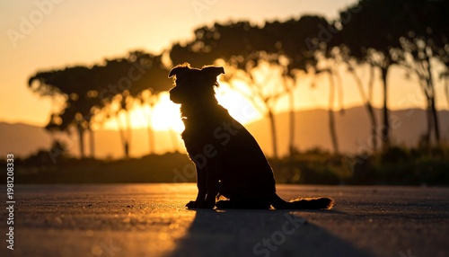 Silhouetted dog sitting against a bright golden sunset, with trees and distant mountains in the hazy background
