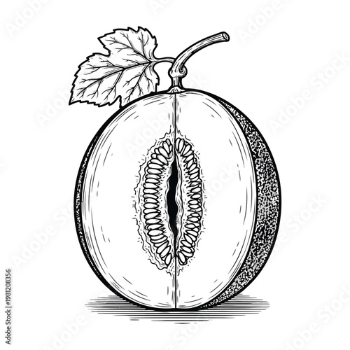Melon Half Hand Drawn Sketch Isolated on White Background for Organic Food Design and Labeling