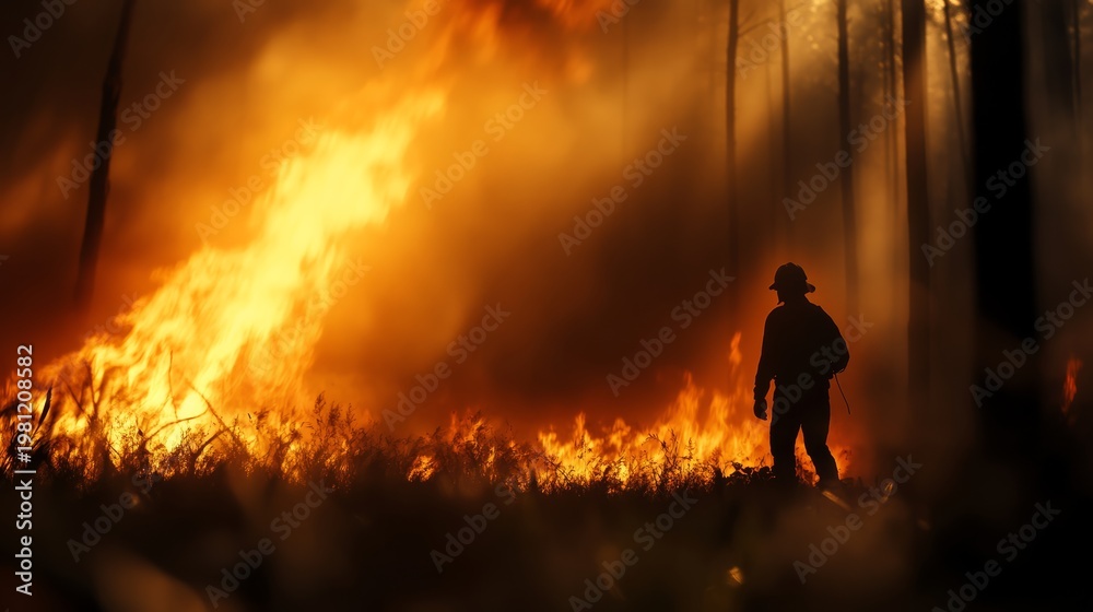 Fototapeta premium Brave firefighters combat wildfire blaze forest area action scene intense environment dramatic viewpoint nature's fury