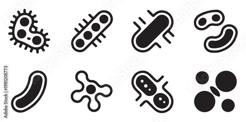 Biological Microorganism Icons - Black and White Vector Set of Eight