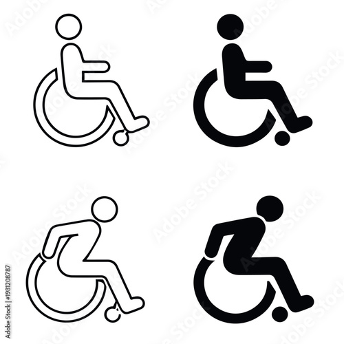 Wheelchair accessibility icons showing traditional and dynamic designs in simple grid with outlined and filled styles