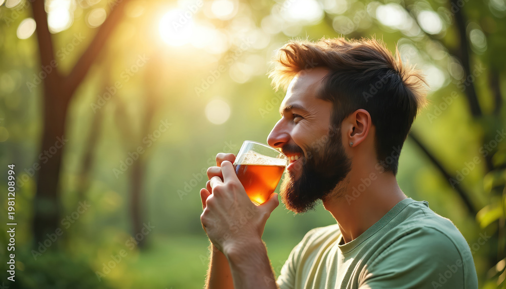 Fototapeta premium Bearded man drinks herbal tea outdoors in morning sunlight. He smiles holding glass cup with amber liquid. Peaceful nature scene, relaxation, healthy lifestyle.