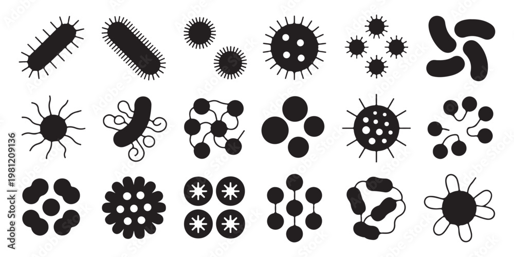 Fototapeta premium Diverse Bacteria and Virus Silhouette Icons for Science and Healthcare