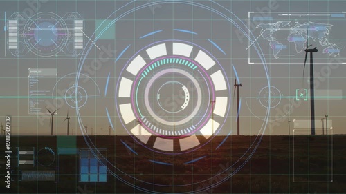 Circular HUD overlay appearing, animating rings and ticks, visualizing wind farm output at dusk
