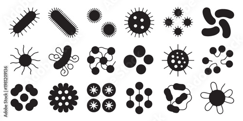 Diverse Bacteria and Virus Silhouette Icons for Science and Healthcare