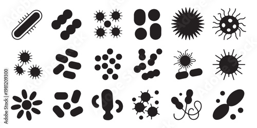 Set of microscopic bacteria and virus silhouettes for medical design