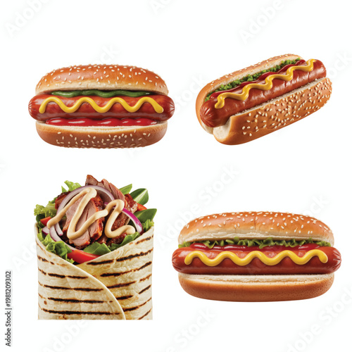 Hot Dogs with Mustard and Ketchup and Grilled Wrap Isolated on White
