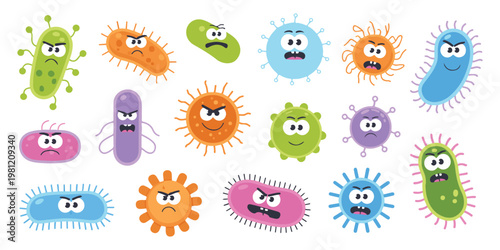 Cute and angry cartoon bacteria and virus characters with faces