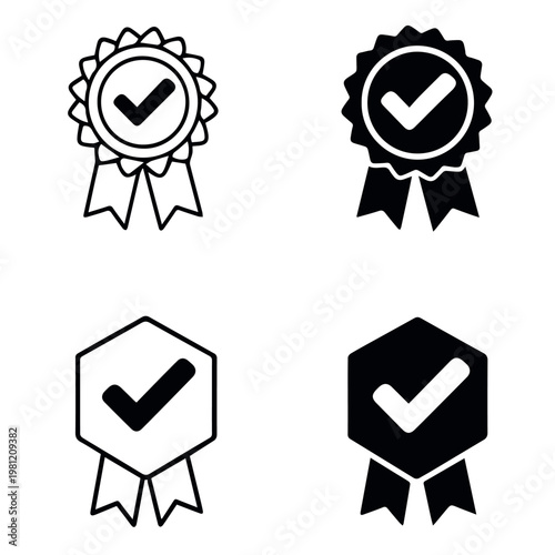 Award ribbon and badge icon set with checkmark approval in circular and hexagonal styles