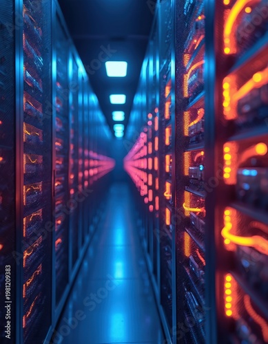 Server room corridor with glowing racks. Rows of computer servers hum with blue and red lights. Data center infrastructure, network connections, and digital storage.