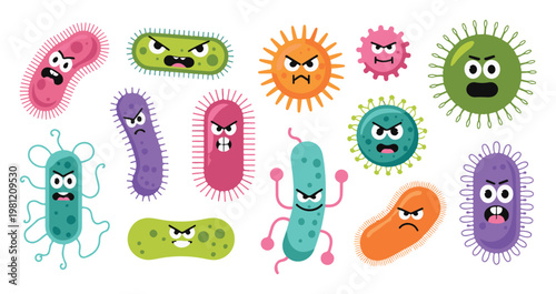 Collection of Grumpy Cartoon Microbes and Pathogens