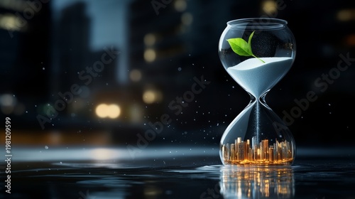 Nature's resilience a symbolic hourglass representing growth amidst urban chaos evening cityscape digital art conceptual viewpoint