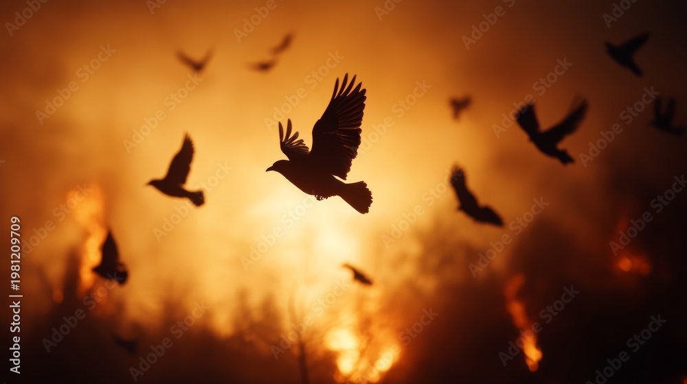 Fototapeta premium Flaming shadows birds taking flight amidst a devastating wildfire forest landscape dramatic imagery dusk environment emotional impact