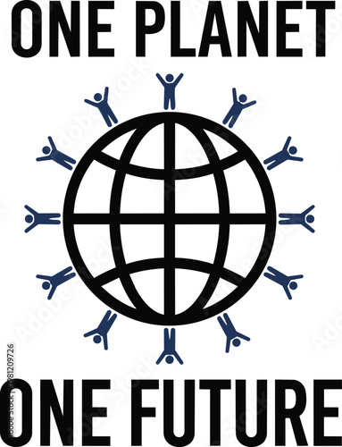One planet one future concept with people orbiting the earth symbol