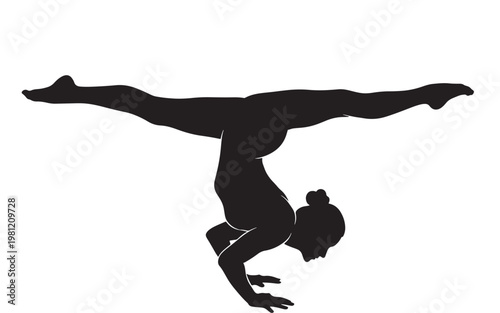 Gymnast performing a handstand split with legs extended silhouette featuring gymnastics, black, white with background and fitness elements for
