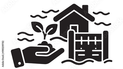 House with a hand holding a plant and a fence around it in a watery environment with wavy lines featuring water, eco-friendly, sustainable living