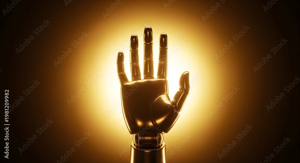 Fototapeta premium Golden robotic hand with open palm in front of a bright glowing light source