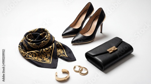 A stylish arrangement of luxury women's accessories including high heels a purse a silk scarf and gold jewelry on a white background